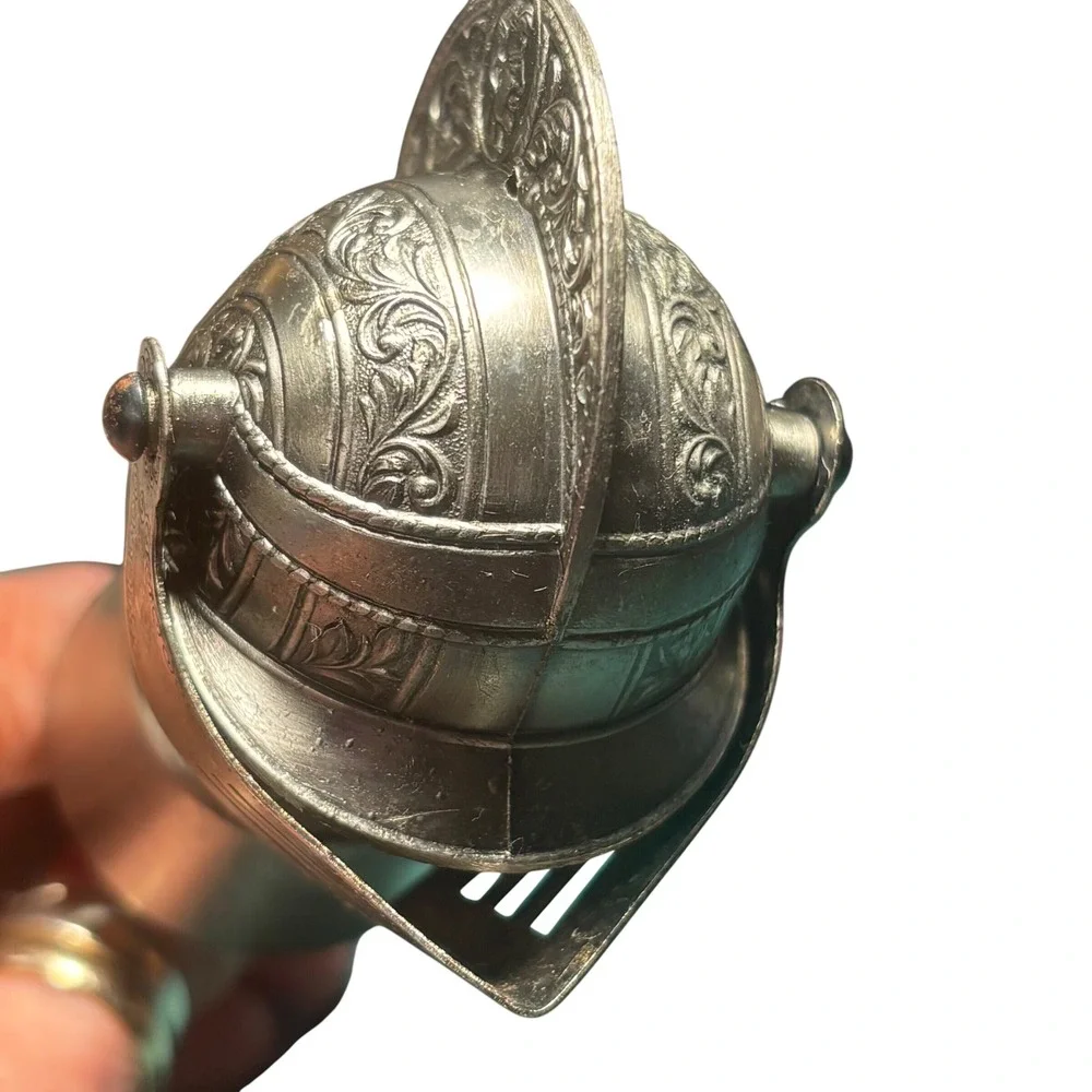 Bottle Pourer Silver Medieval Knight Helmet Movable Visor Embossed Metal Barware